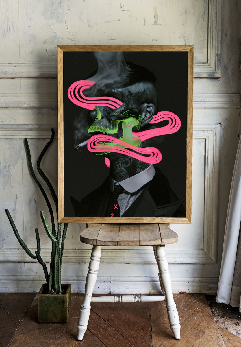 Neon Skull Portrait Illustration Poster. room preview
