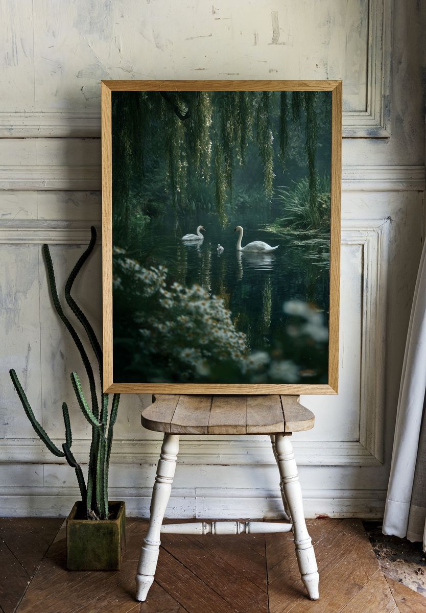 Swans in Tranquil Waters — Nature Print room preview