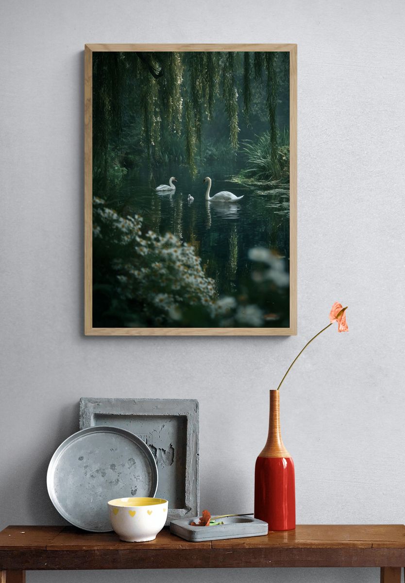 Swans in Tranquil Waters — Nature Print. — room view 3