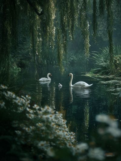 Swans in Tranquil Waters — Nature Print. poster