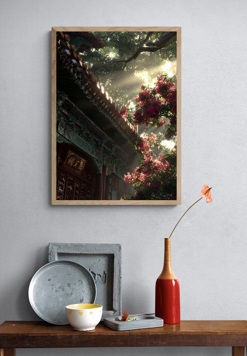 Serene Temple Garden — Nature Print. — room view 3