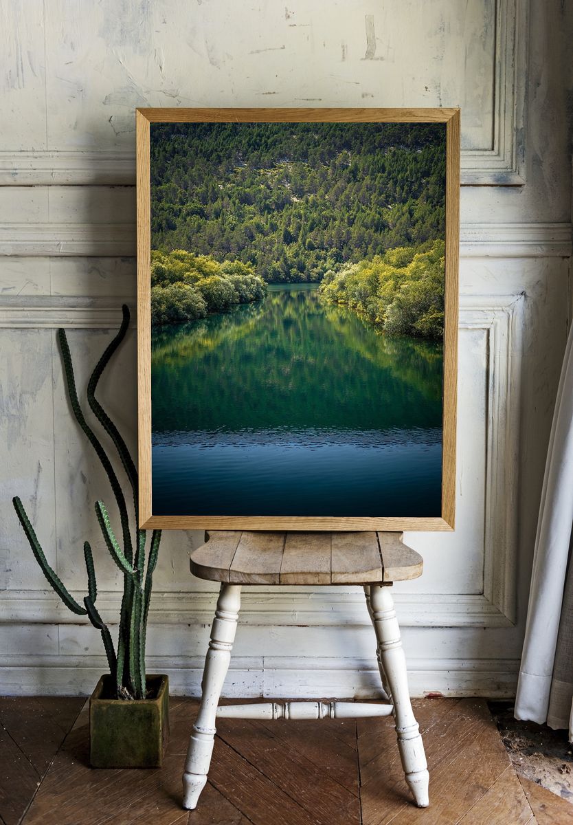 Serene River Reflection — Nature Poster. room preview