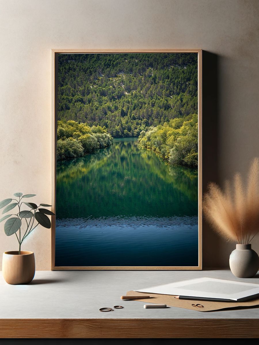Serene River Reflection — Nature Poster. — room view 2