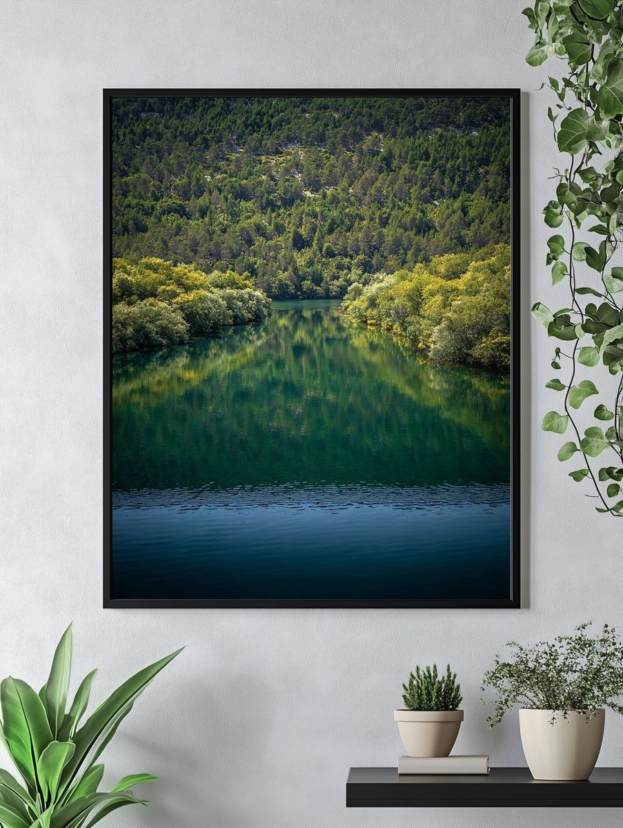 Serene River Reflection — Nature Poster. — room view 4