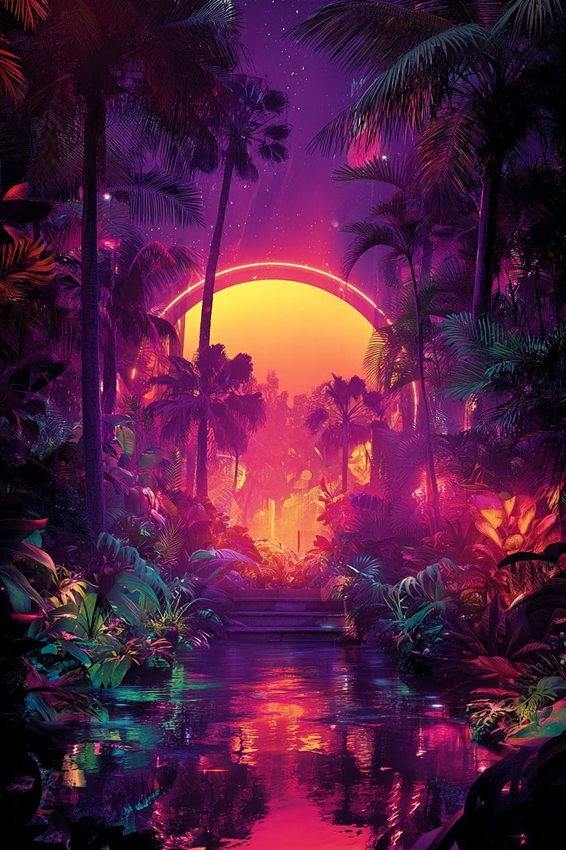 Neon Tropical Sunset Poster. poster — illustration art