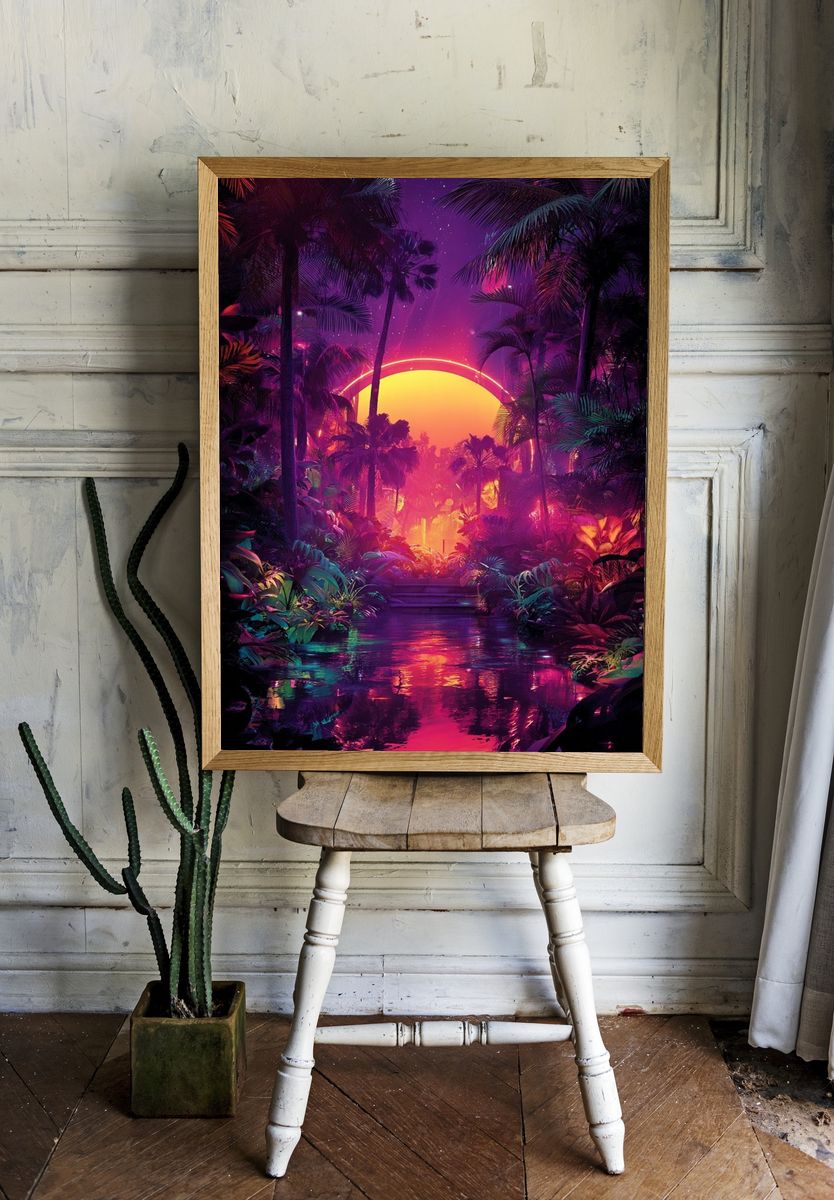 Neon Tropical Sunset Poster. room preview