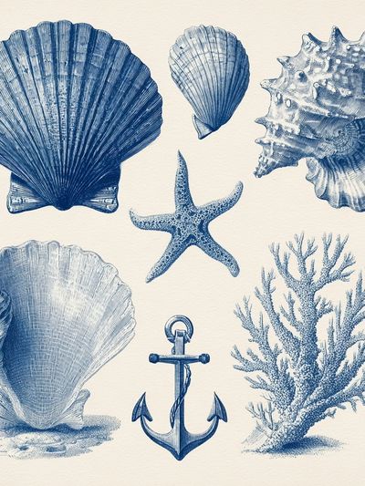Nautical Shells and Anchor — Vintage Print. poster print