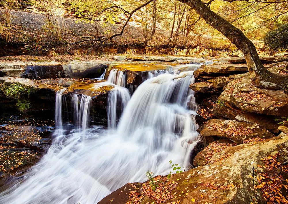 Serene Waterfall in Autumn — Nature Print. poster — nature art