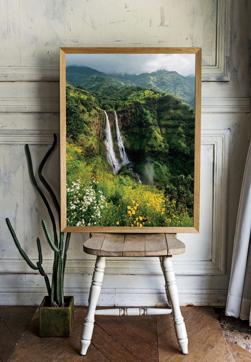 Majestic Waterfall in Lush Greenery Poster. — room view 1