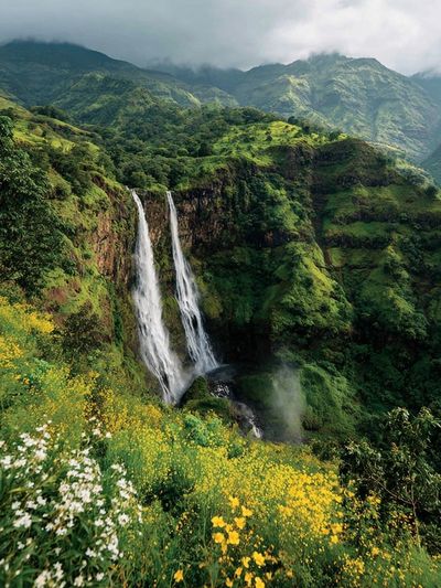 Majestic Waterfall in Lush Greenery Poster.