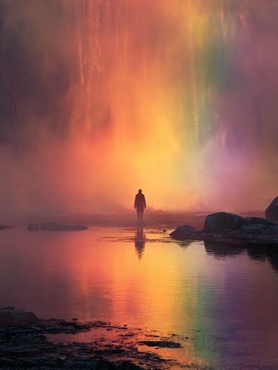 Rainbow Waterfall Reflection Poster