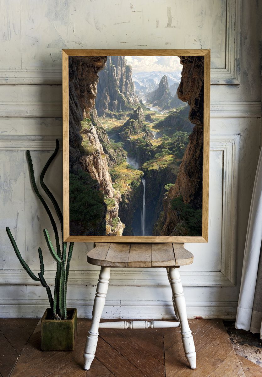 Majestic Waterfall in Mountain Valley Poster. — room view 1