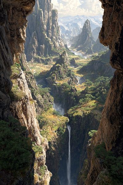 Majestic Waterfall in Mountain Valley Poster. poster