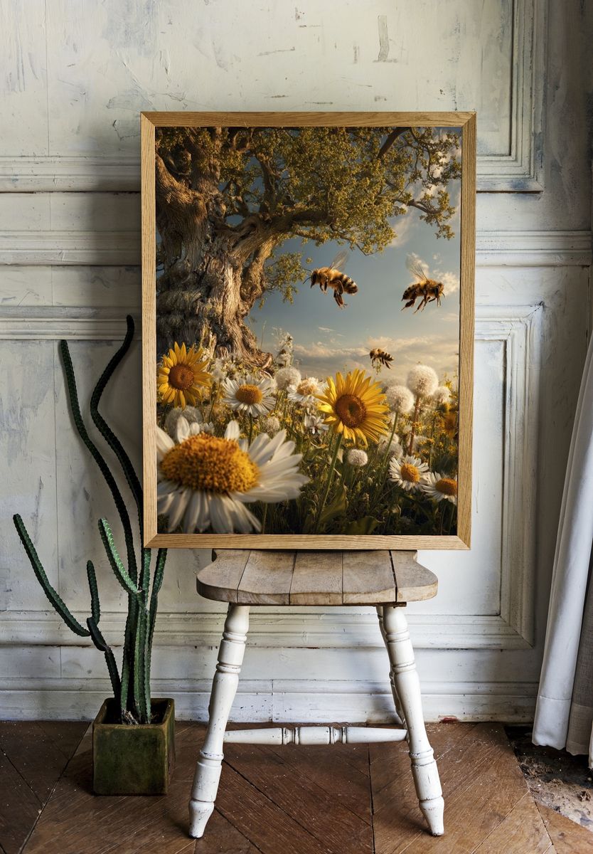 Bees and Wildflowers — Nature Print. — room view 1