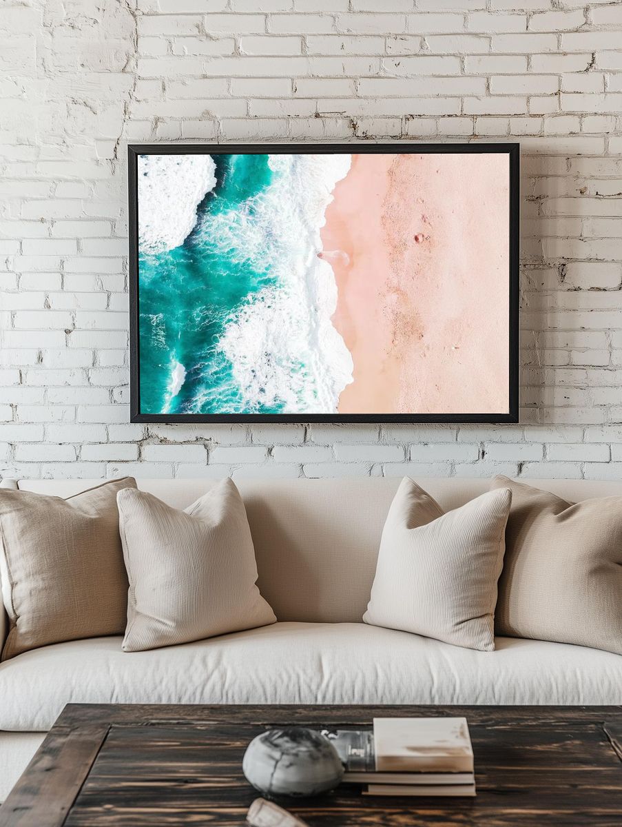 Aerial of Turquoise Ocean and Pink Sand Beach Poster. room preview