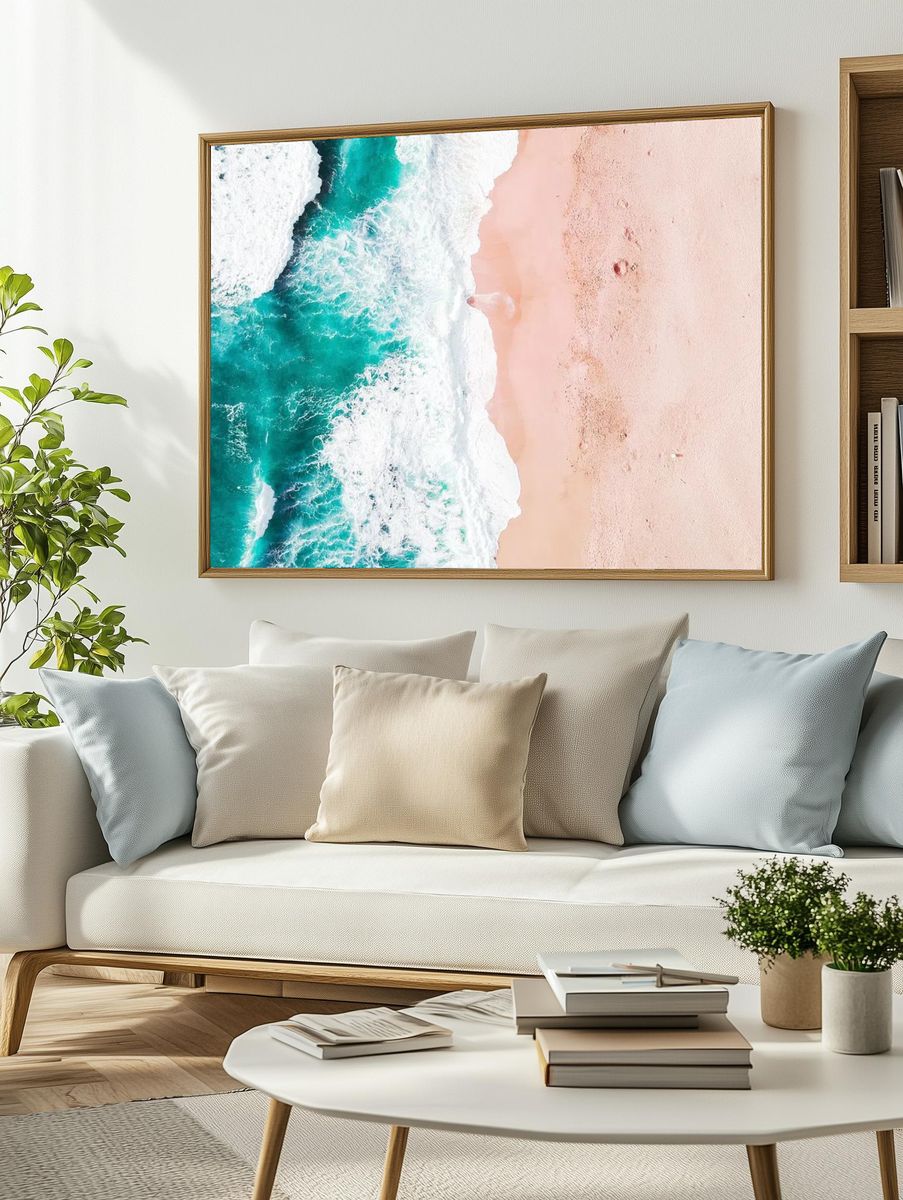 Aerial of Turquoise Ocean and Pink Sand Beach Poster. — room view 2