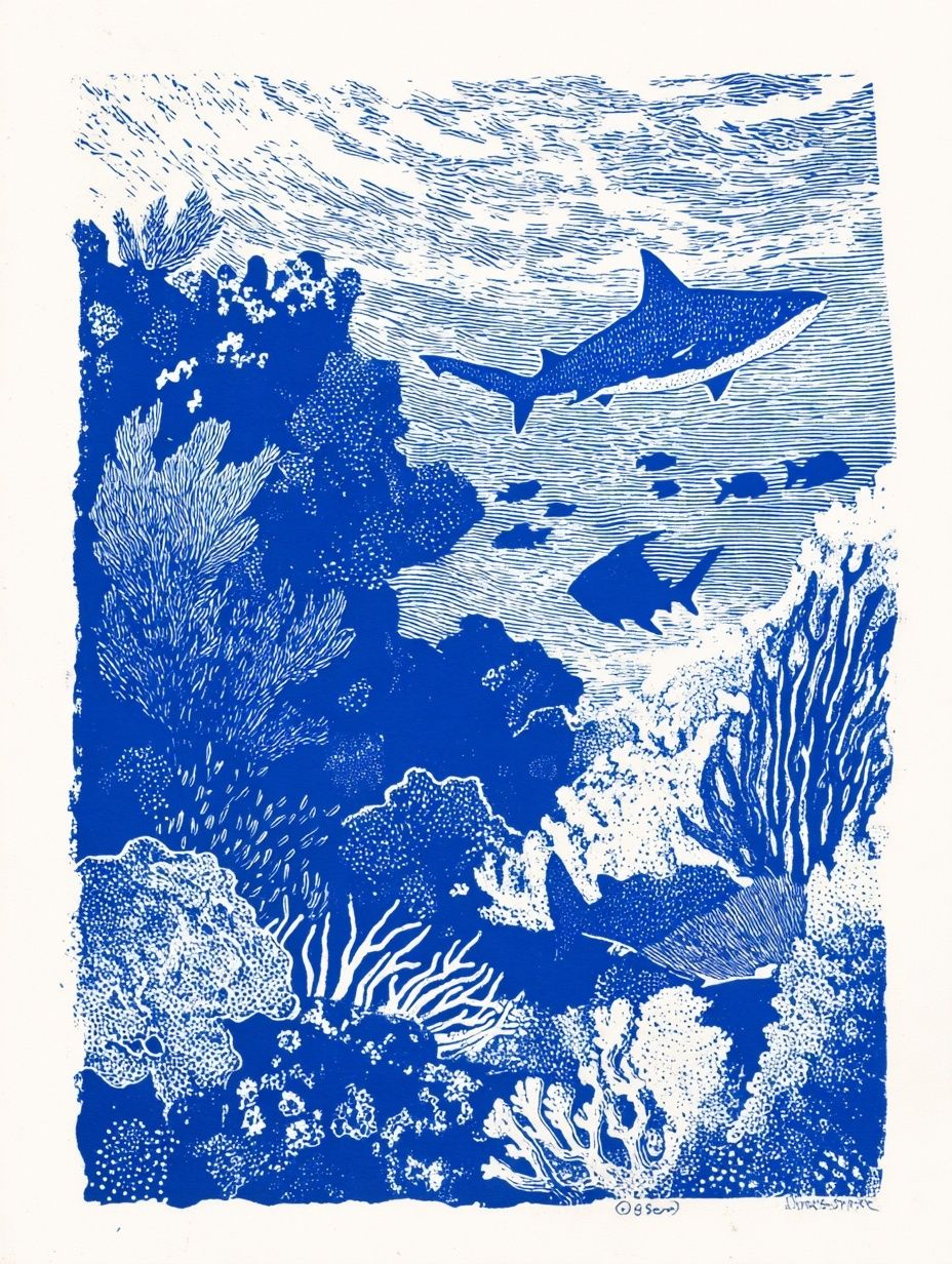 Underwater Sharks — Illustration Print. poster — illustration art