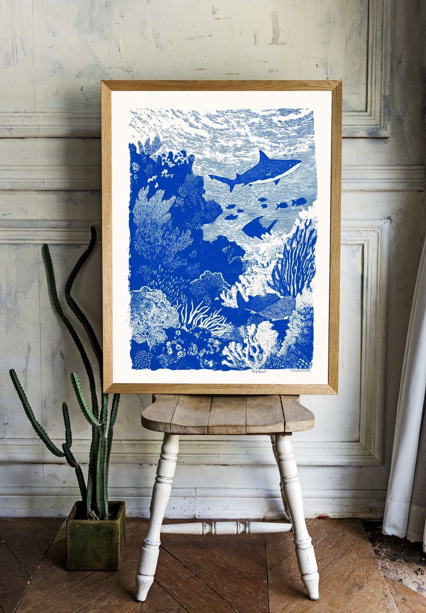 Underwater Sharks — Illustration Print. room preview