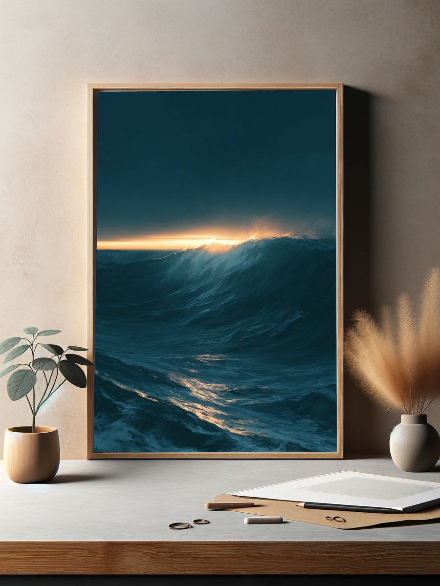 Ocean Sunset Wave Photography Poster. — room view 2