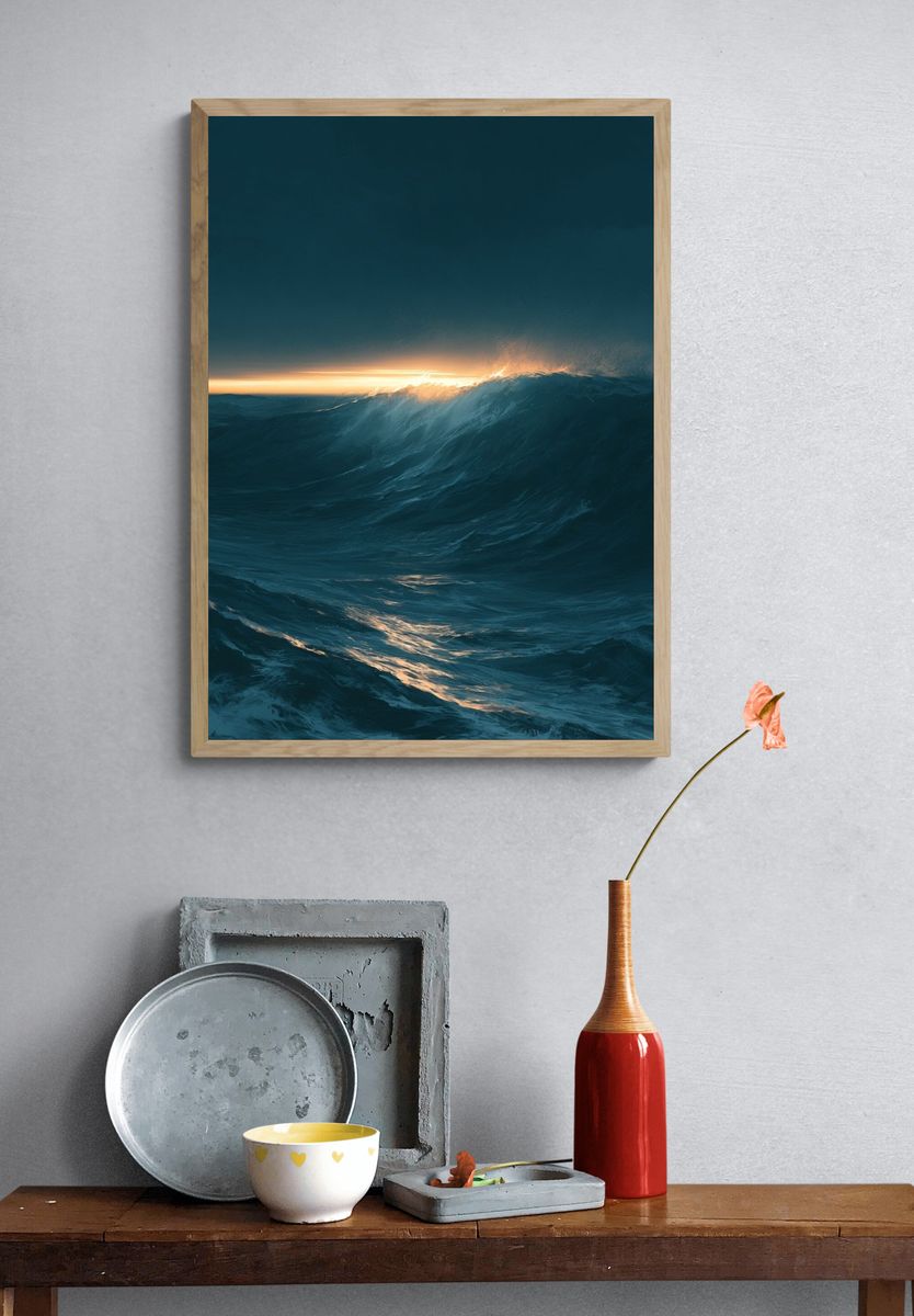 Ocean Sunset Wave Photography Poster. — room view 3