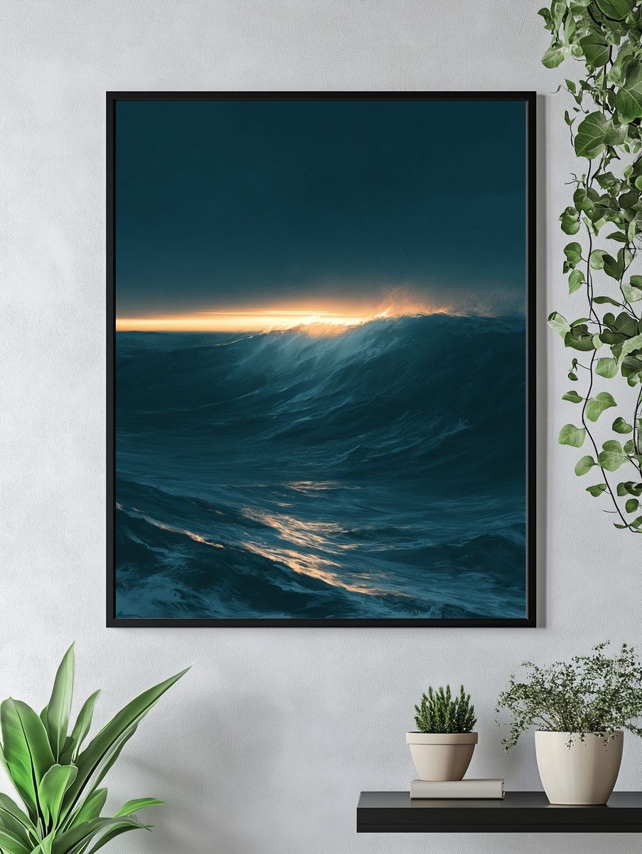 Ocean Sunset Wave Photography Poster. — room view 4