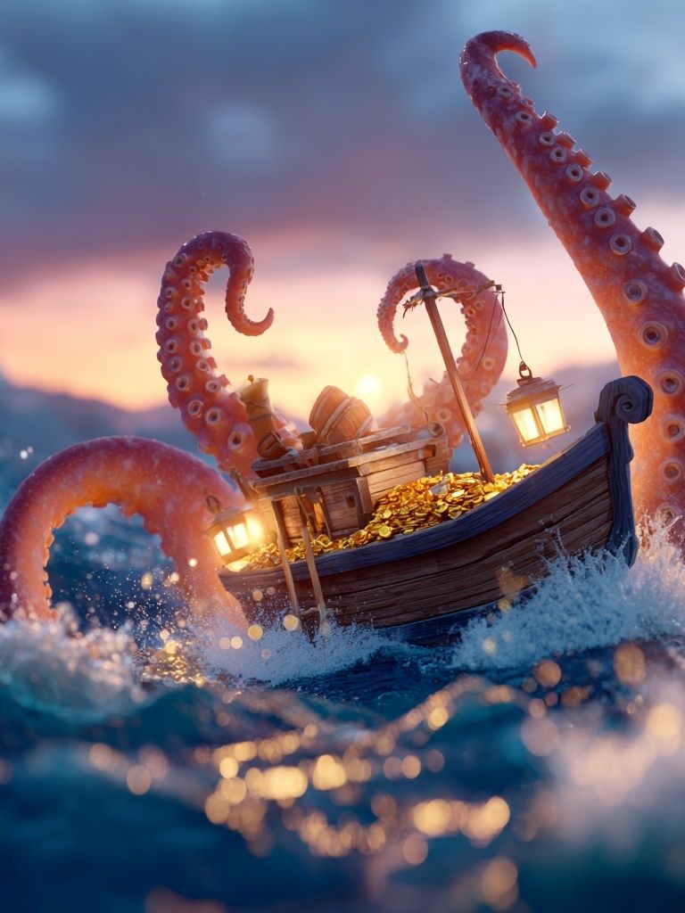 Octopus Treasure Boat Illustration Poster. poster detail