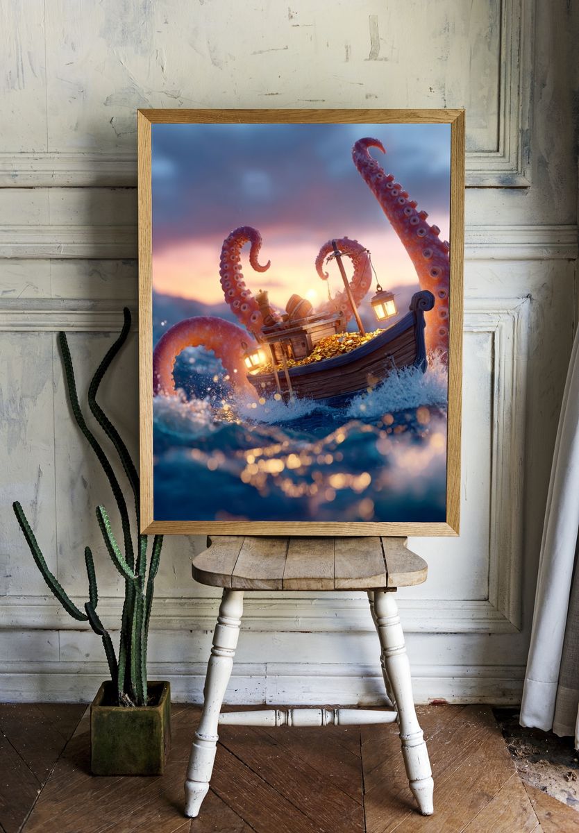 Octopus Treasure Boat Illustration Poster. — room view 1