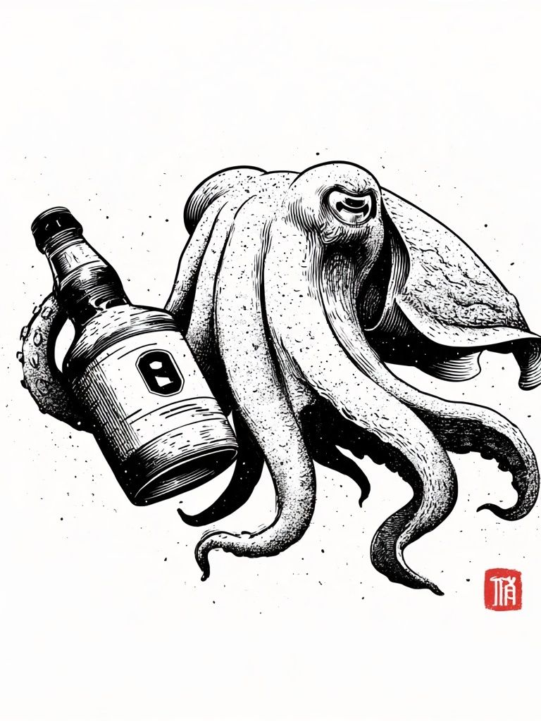 Octopus with Bottle Ink Print. poster — illustration art