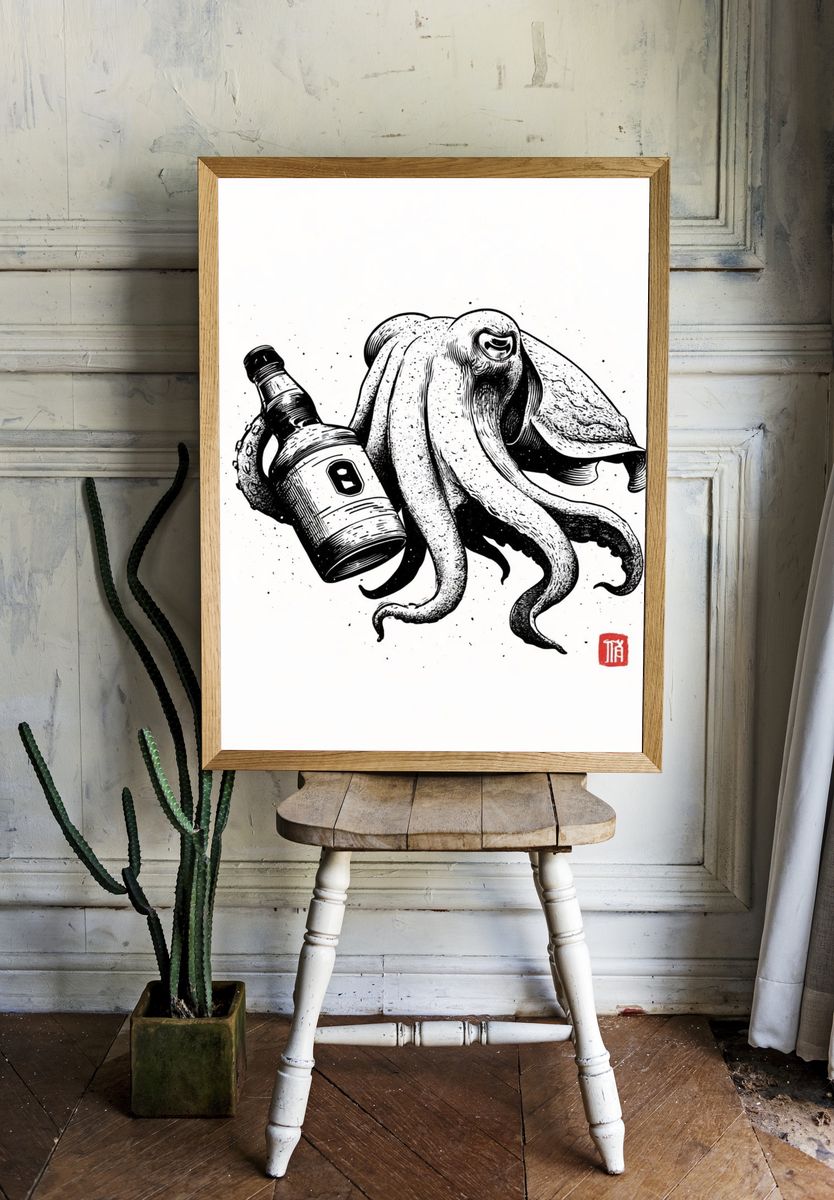 Octopus with Bottle Ink Print. — room view 1