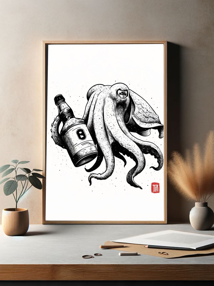 Octopus with Bottle Ink Print. — room view 2