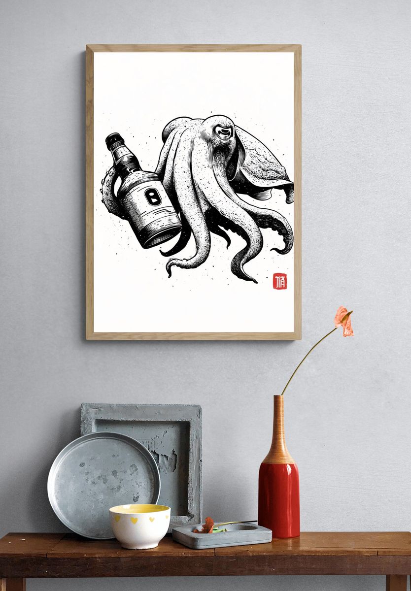 Octopus with Bottle Ink Print. — room view 3