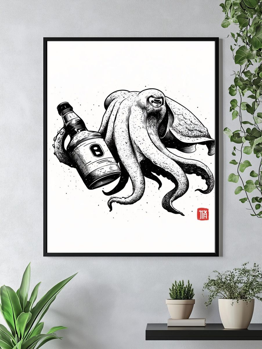 Octopus with Bottle Ink Print. — room view 4