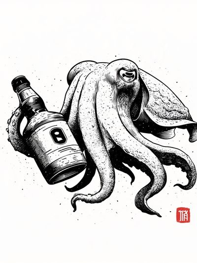 Octopus with Bottle Ink Print. poster