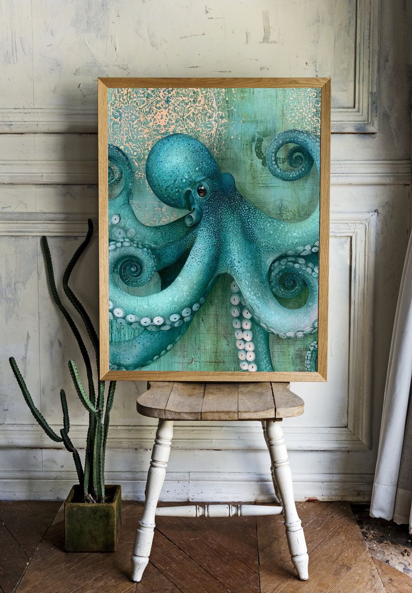 Turquoise Octopus Illustration Poster. — room view 1