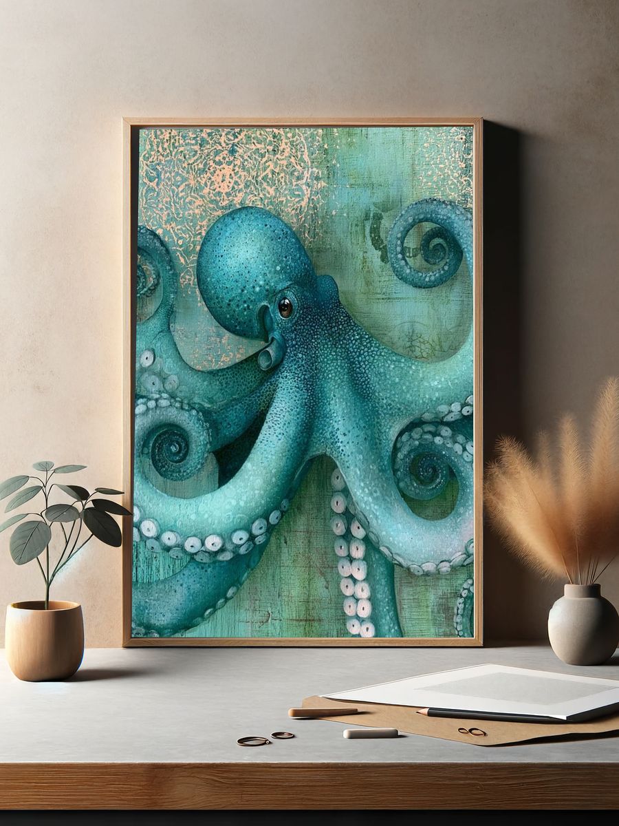 Turquoise Octopus Illustration Poster. — room view 2