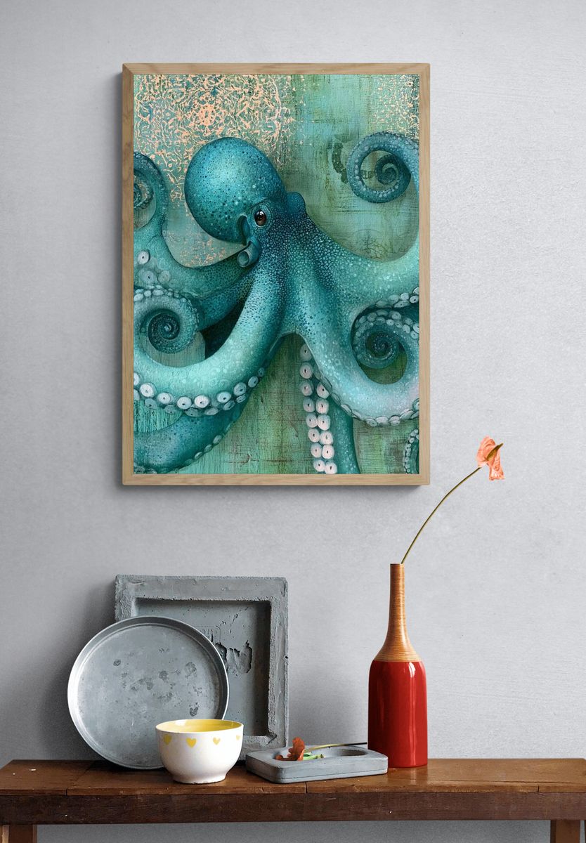 Turquoise Octopus Illustration Poster. — room view 3