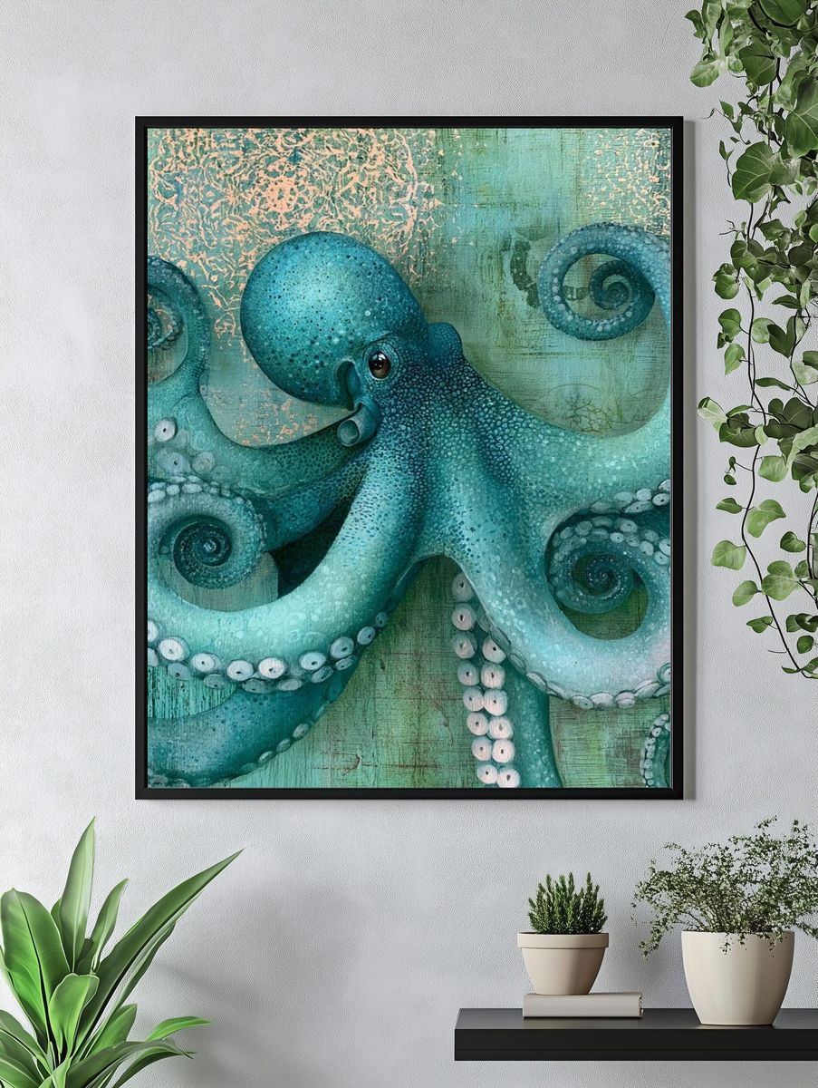 Turquoise Octopus Illustration Poster. — room view 4
