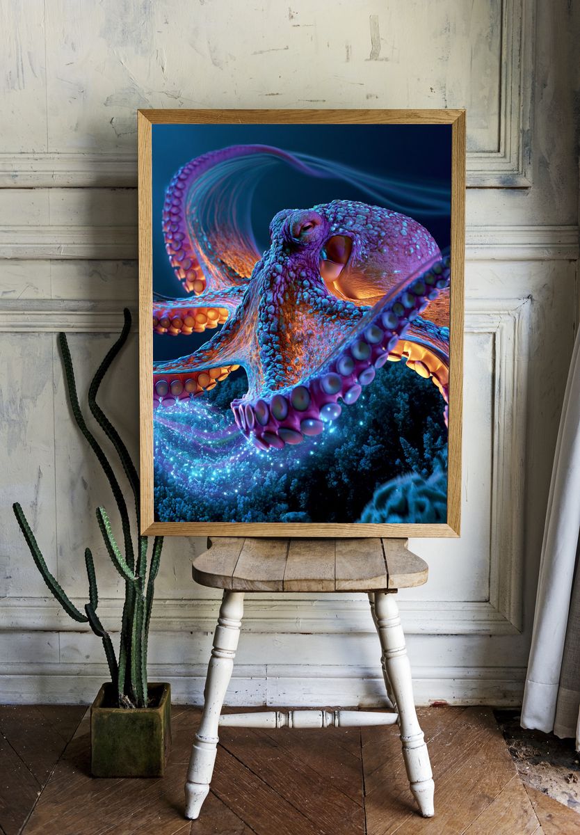 Neon Octopus Digital Art Poster. room preview