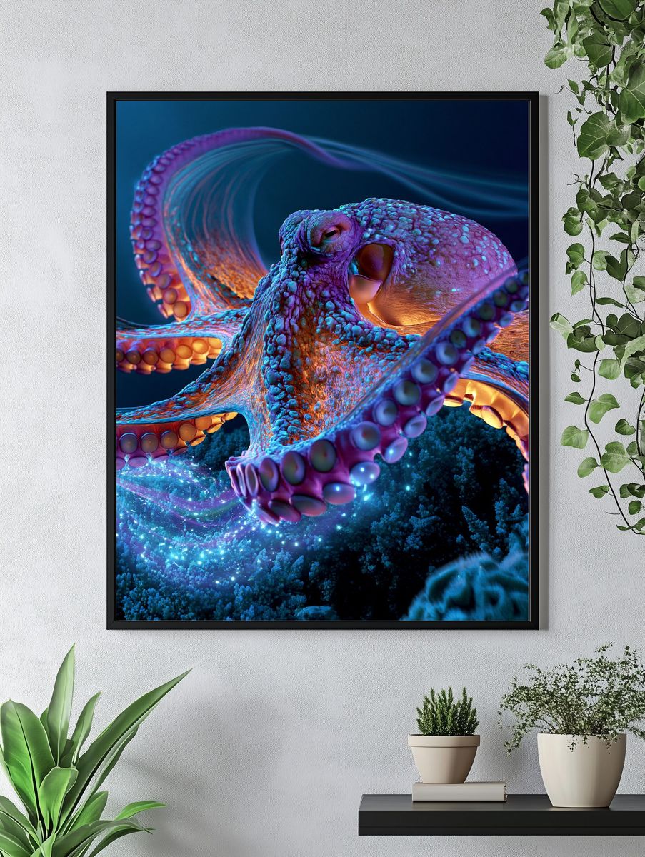 Neon Octopus Digital Art Poster. — room view 4