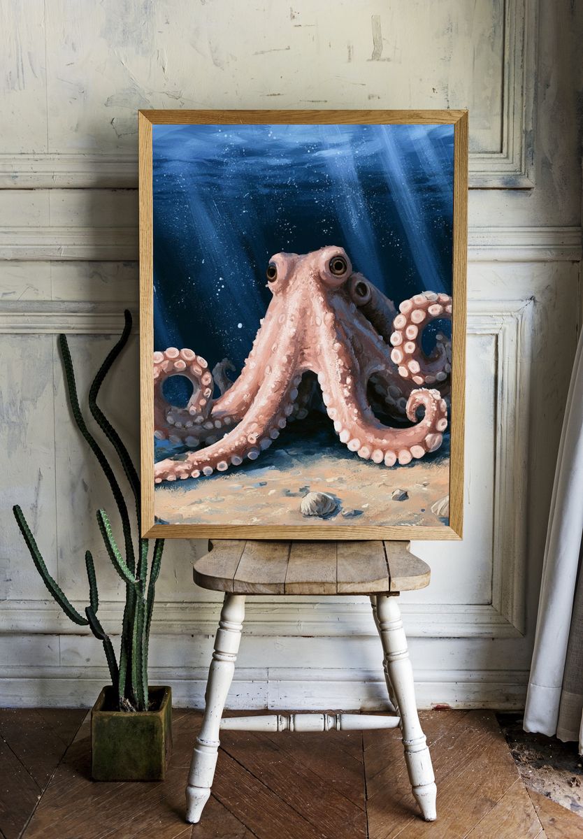 Octopus Underwater Illustration Poster. — room view 1