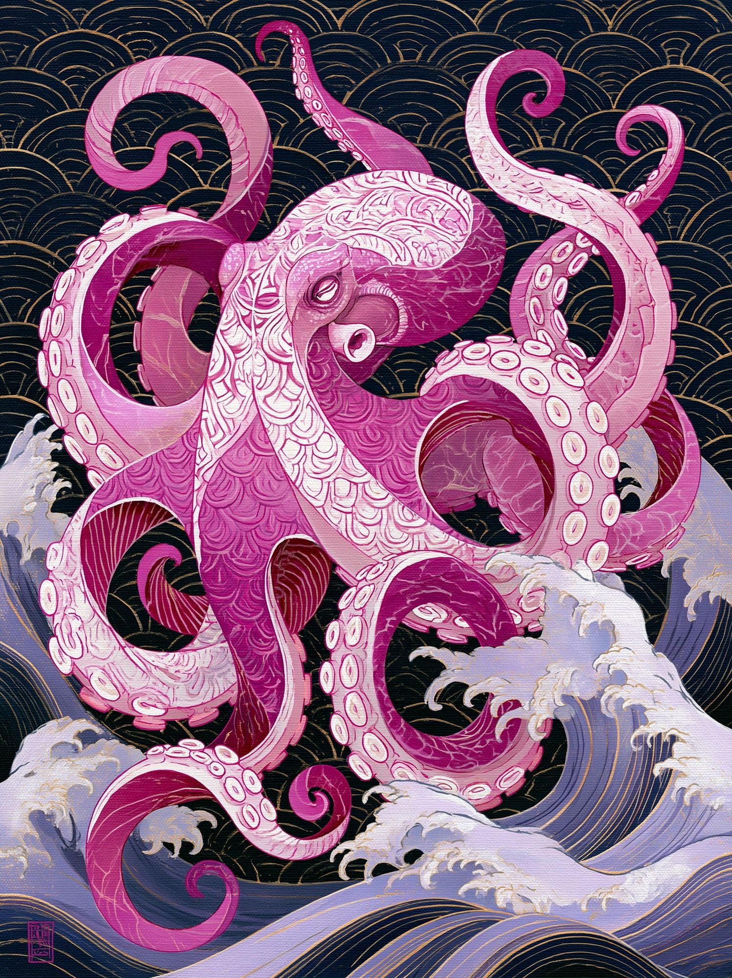 Pink Octopus Wave Illustration Poster. poster detail