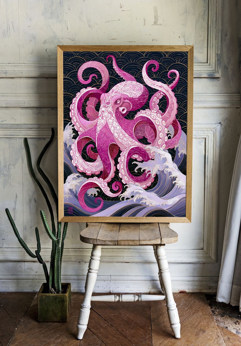 Pink Octopus Wave Illustration Poster. room preview