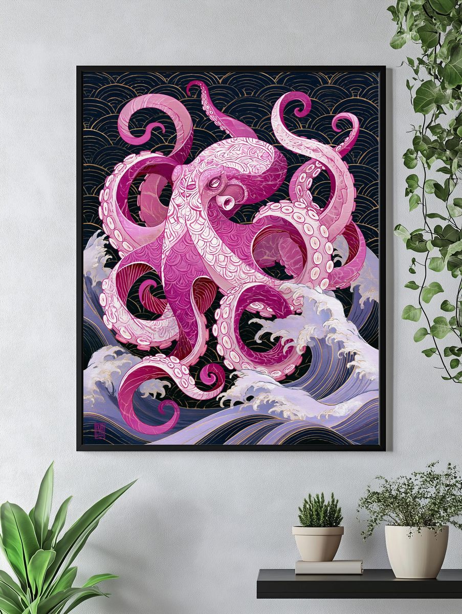 Pink Octopus Wave Illustration Poster. — room view 4