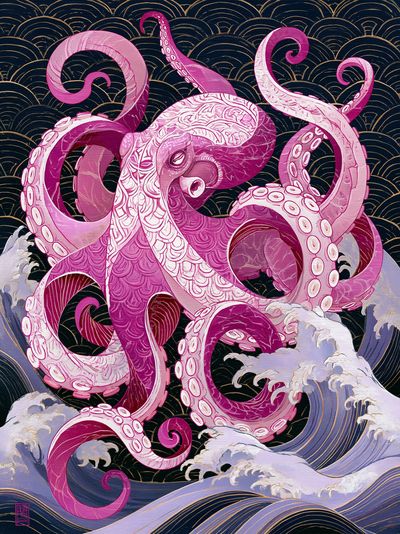 Pink Octopus Wave Illustration Poster. poster