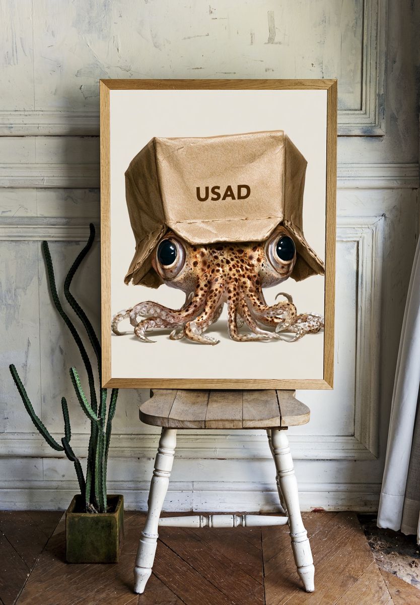 Octopus with Paper Hat Illustration Poster. room preview
