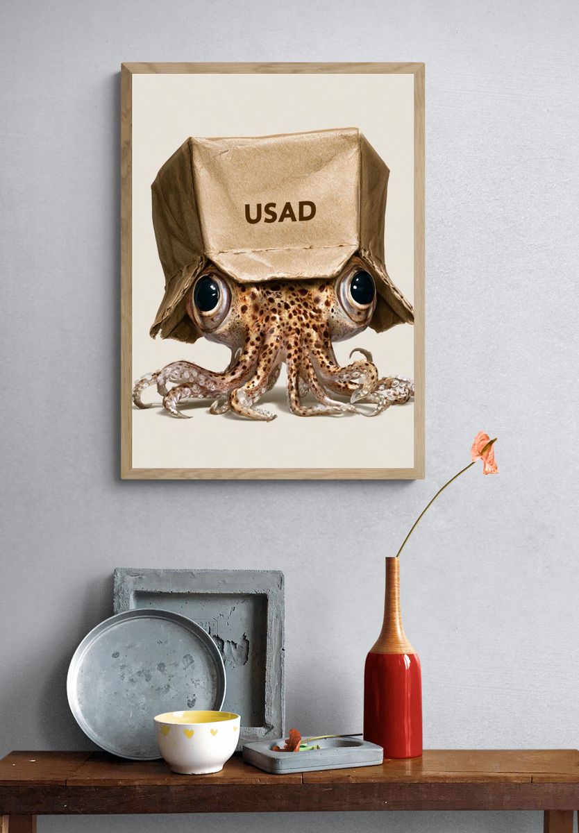 Octopus with Paper Hat Illustration Poster. — room view 3