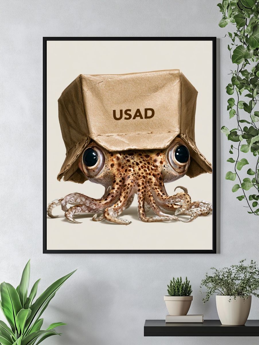 Octopus with Paper Hat Illustration Poster. — room view 4
