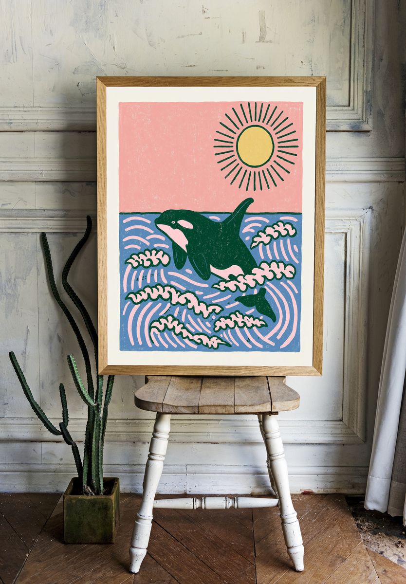Orca in Waves Illustration Poster. room preview