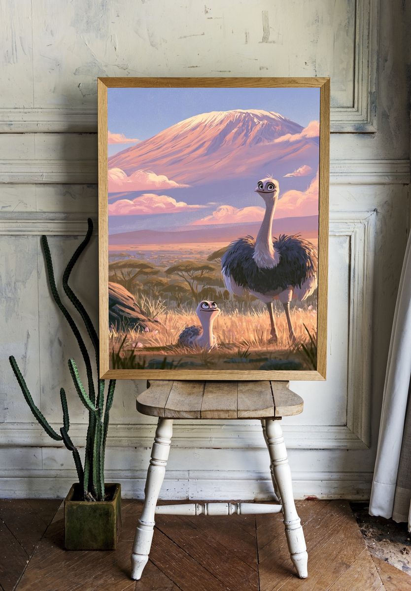Savanna Ostrich Family Illustration Poster. room preview
