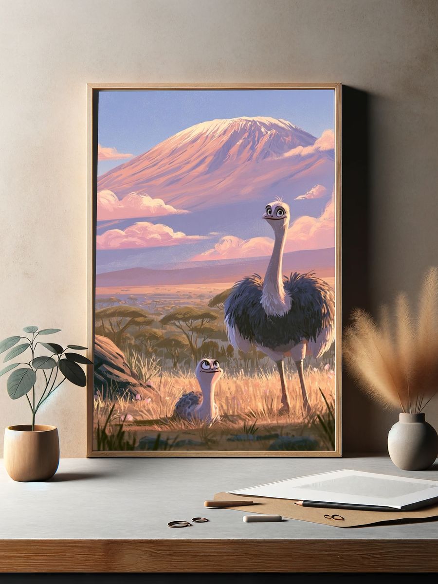 Savanna Ostrich Family Illustration Poster. — room view 2